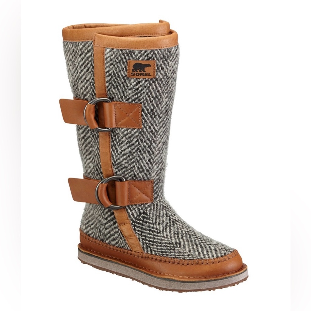 Sorel Women's Tall Herringbone Tweed Winter Boots with Brown Leather Trim